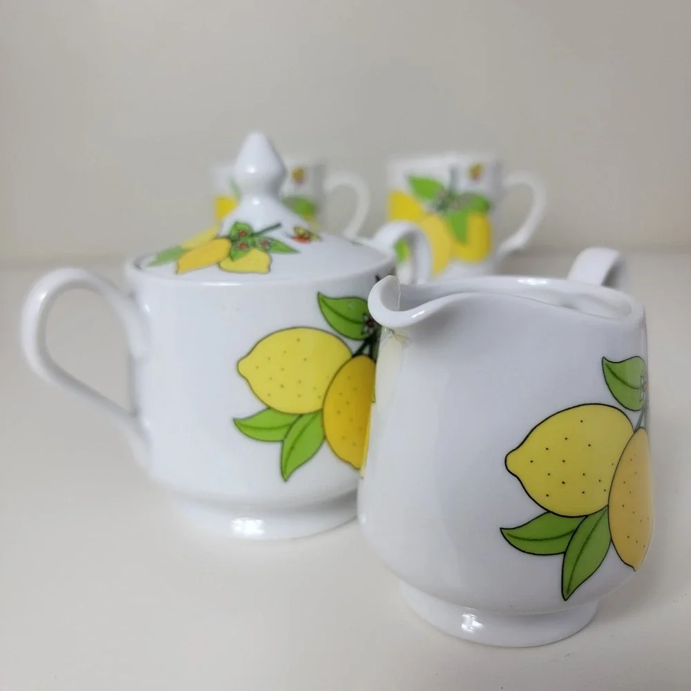 Vintage A Lorrie Design Japan Lemon Bee Cream Sugar Set 2 Cups Tea Lot